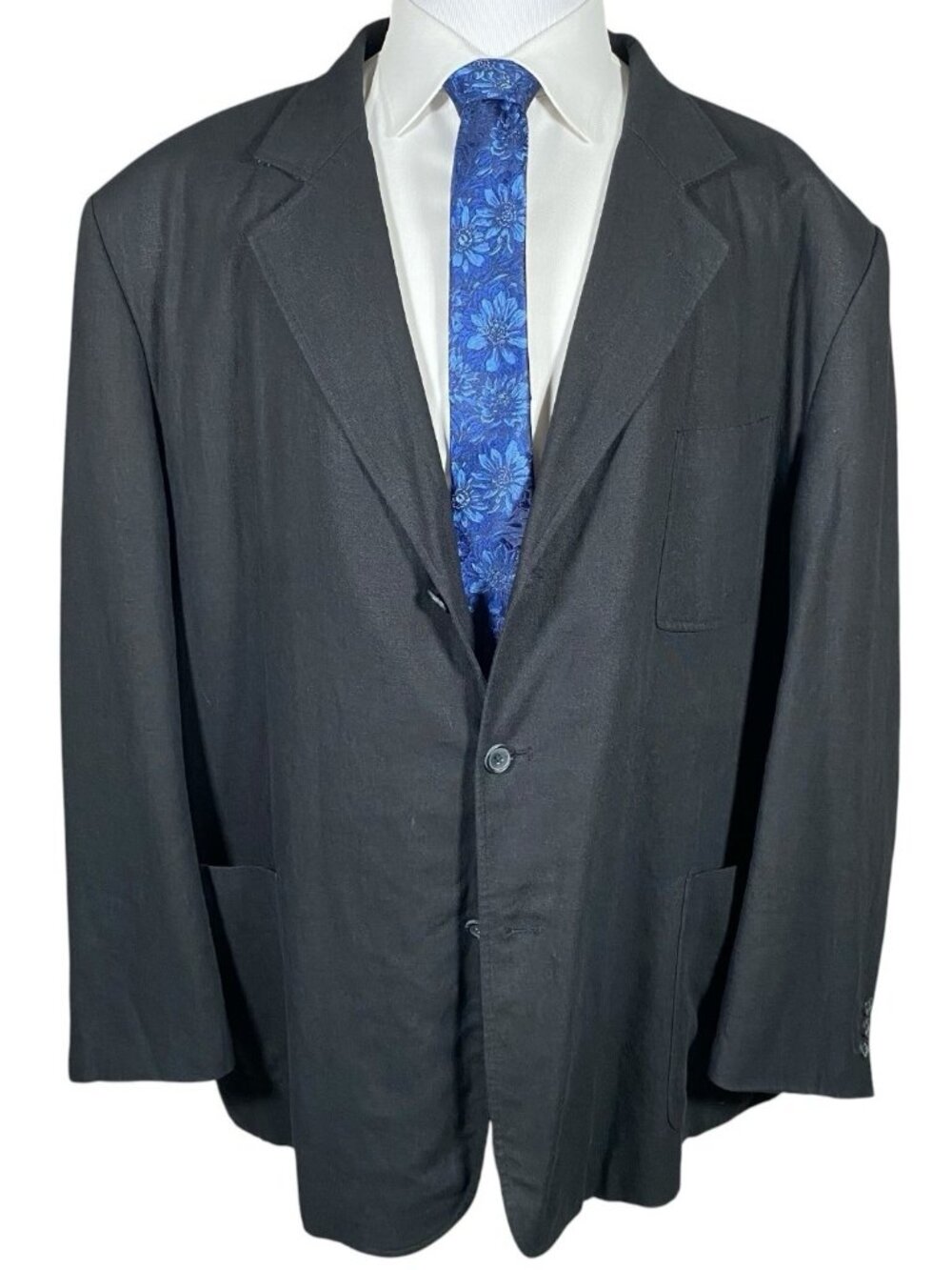 Kings Court Linen Blend Sport Coat Men's Big 3XL Black Patch Pocket Blazer
